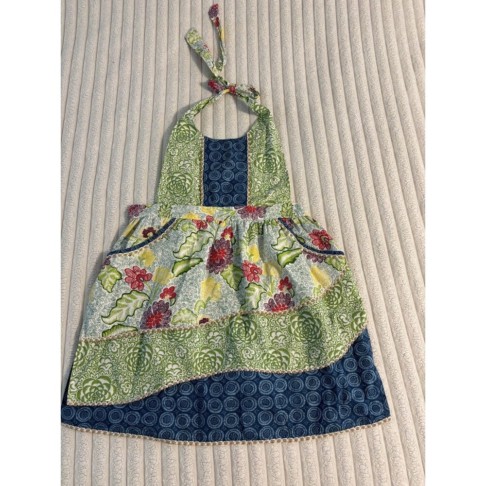 Anthropologie Mixed Floral Patchwork Cotton Halter Apron Blue Green Pink boho